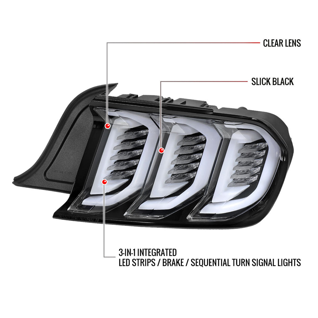 2015-2023 Ford Mustang S550 Sequential Signal LED Tail Lights (Jet Black Housing / Clear Lens)