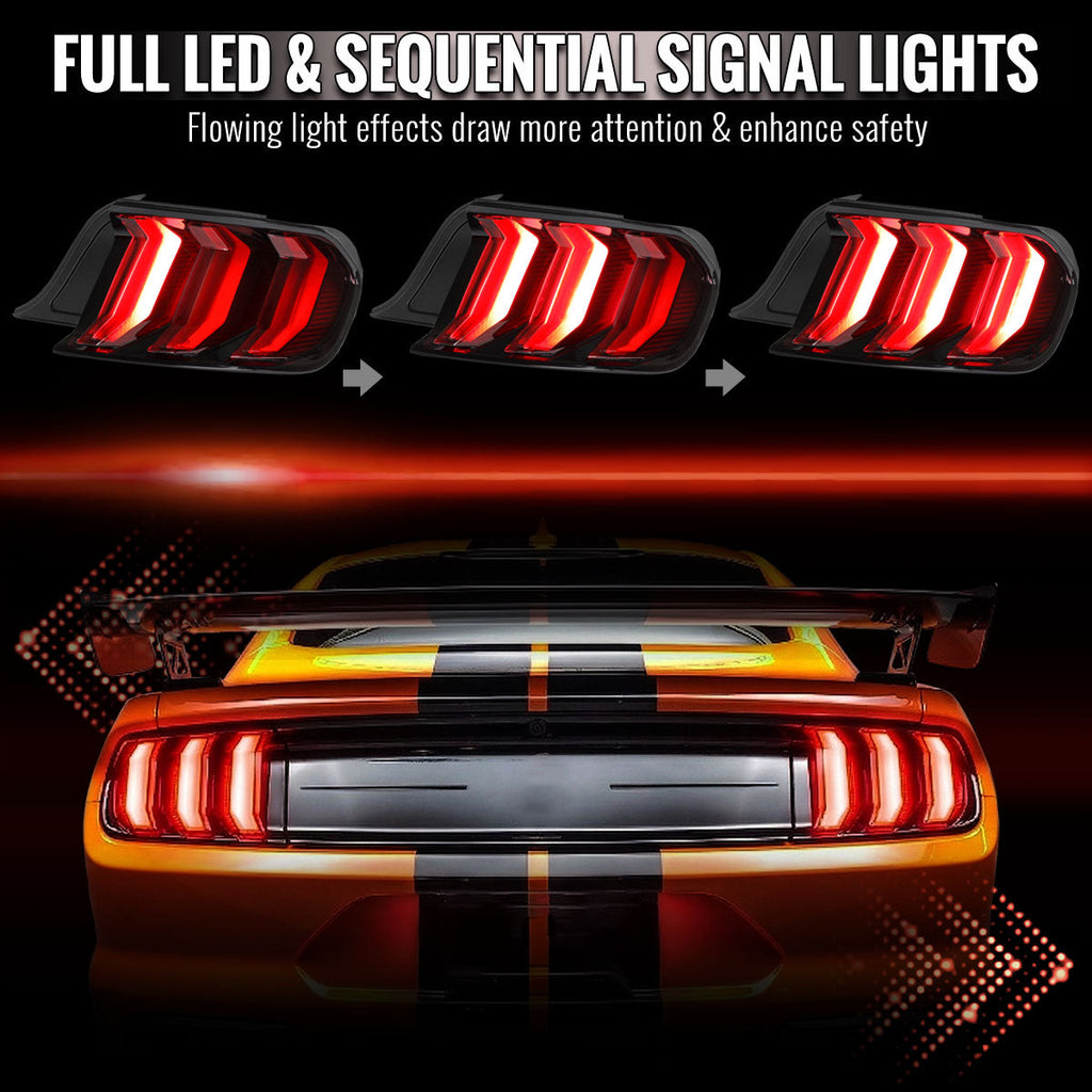 2015-2023 Ford Mustang S550 Sequential LED Turn Signal Euro Tail Lights (Black Housing / Red Lens)