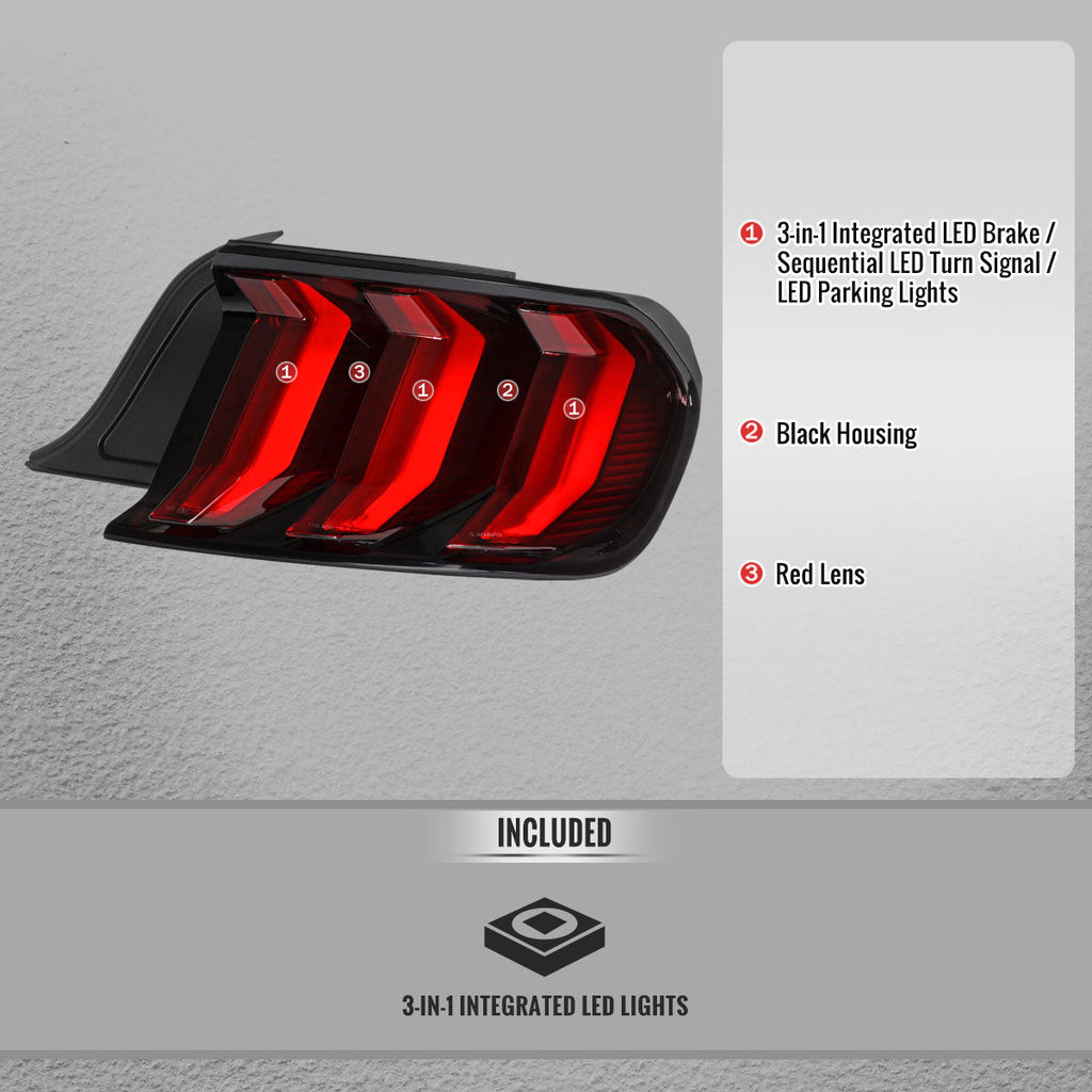 2015-2023 Ford Mustang S550 Sequential LED Turn Signal Euro Tail Lights (Black Housing / Red Lens)