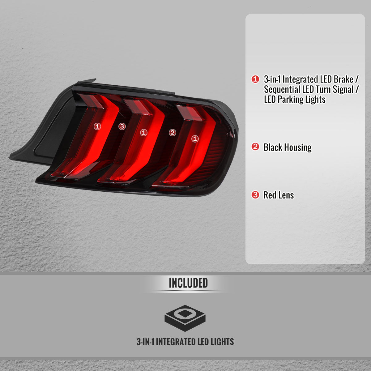 2015-2023 Ford Mustang S550 Sequential LED Turn Signal Euro Tail Lights (Black Housing / Red Lens)