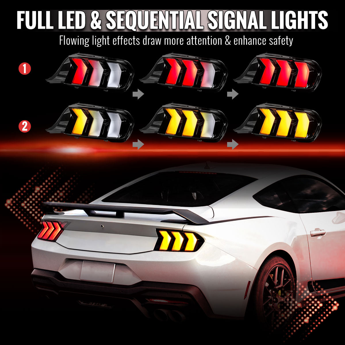 2024-2026 Ford Mustang S650 Full LED Switchback Sequential Tail Lights with Startup Animation (Black Housing / Clear Lens)