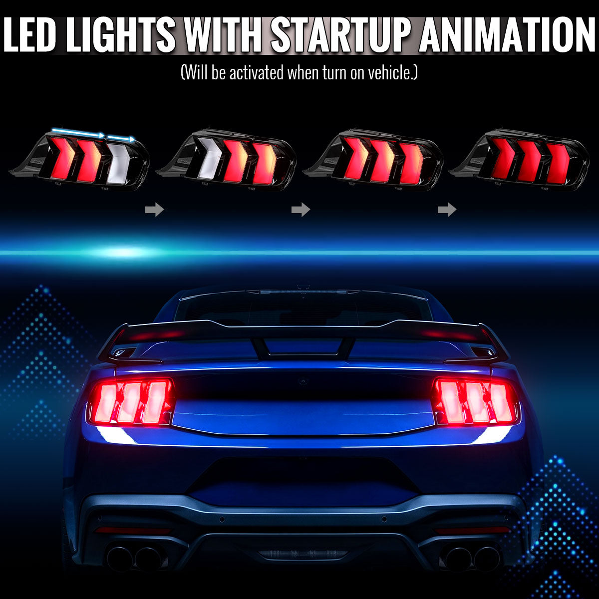 2024-2026 Ford Mustang S650 Full LED Switchback Sequential Tail Lights with Startup Animation (Black Housing / Clear Lens)