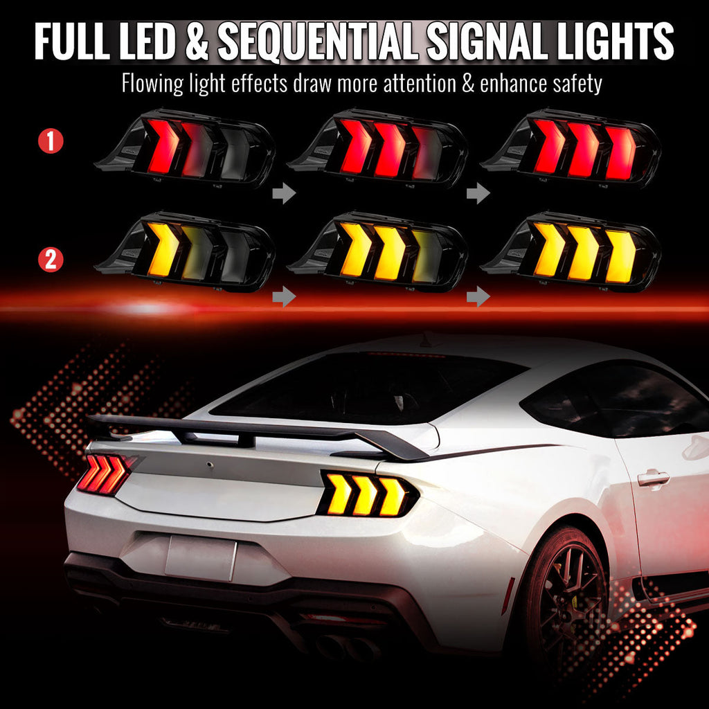 2024-2026 Ford Mustang S650 Full LED Switchback Sequential Tail Lights with Startup Animation (Black Housing / Smoked Lens)