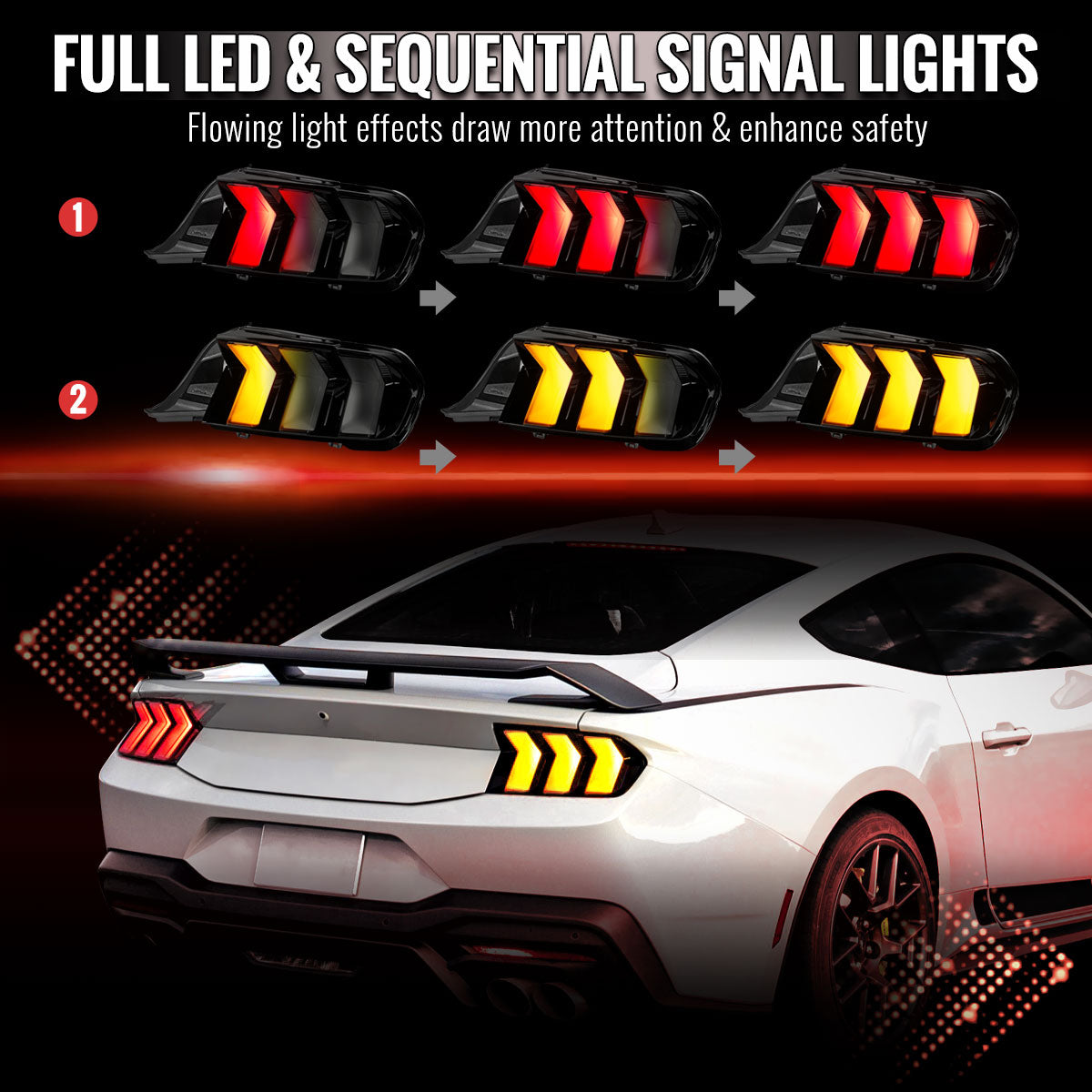 2024-2026 Ford Mustang S650 Full LED Switchback Sequential Tail Lights with Startup Animation (Black Housing / Smoked Lens)