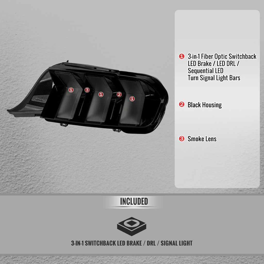 2024-2026 Ford Mustang S650 Full LED Switchback Sequential Tail Lights with Startup Animation (Black Housing / Smoked Lens)