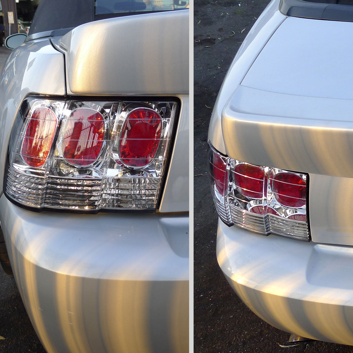 1999-2004 Ford Mustang New Edge Tail Lights (Chrome Housing / Clear Lens)