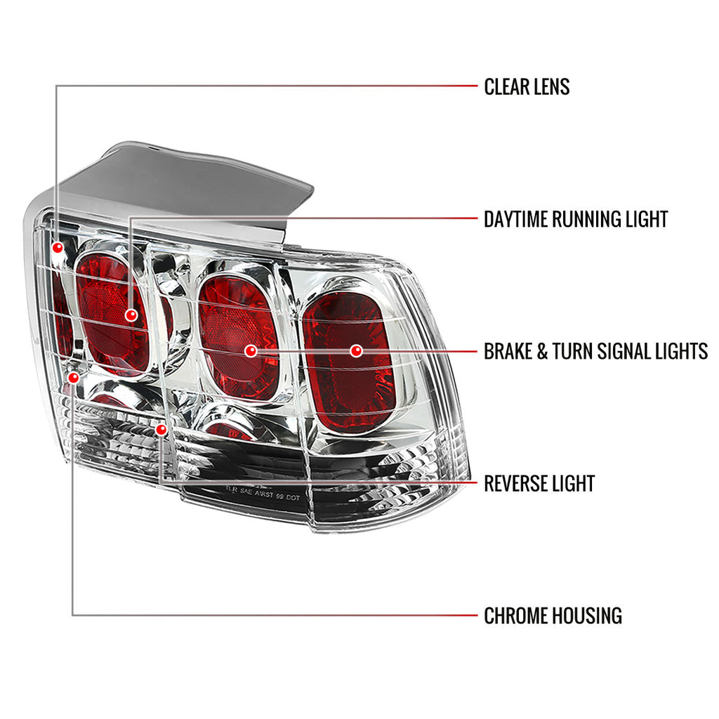 1999-2004 Ford Mustang New Edge Tail Lights (Chrome Housing / Clear Lens)