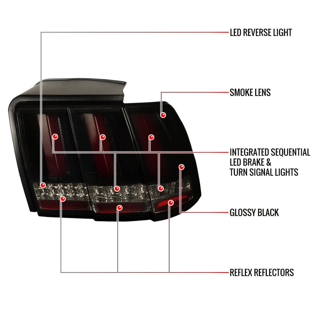 1999-2004 Ford Mustang New Edge Red Marker Sequential LED Tail Lights (Glossy Black Housing / Smoked Lens)