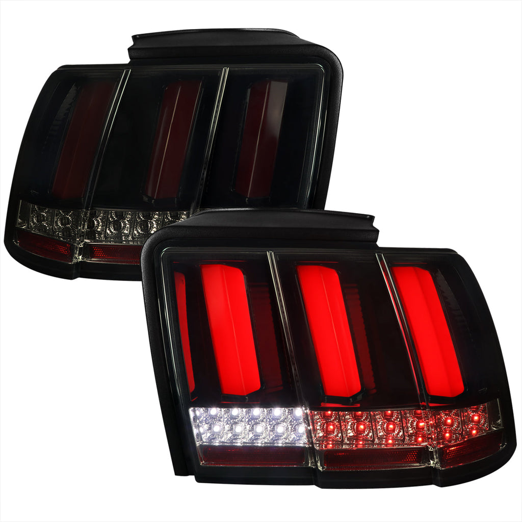 1999-2004 Ford Mustang New Edge Red Marker Sequential LED Tail Lights (Glossy Black Housing / Smoked Lens)