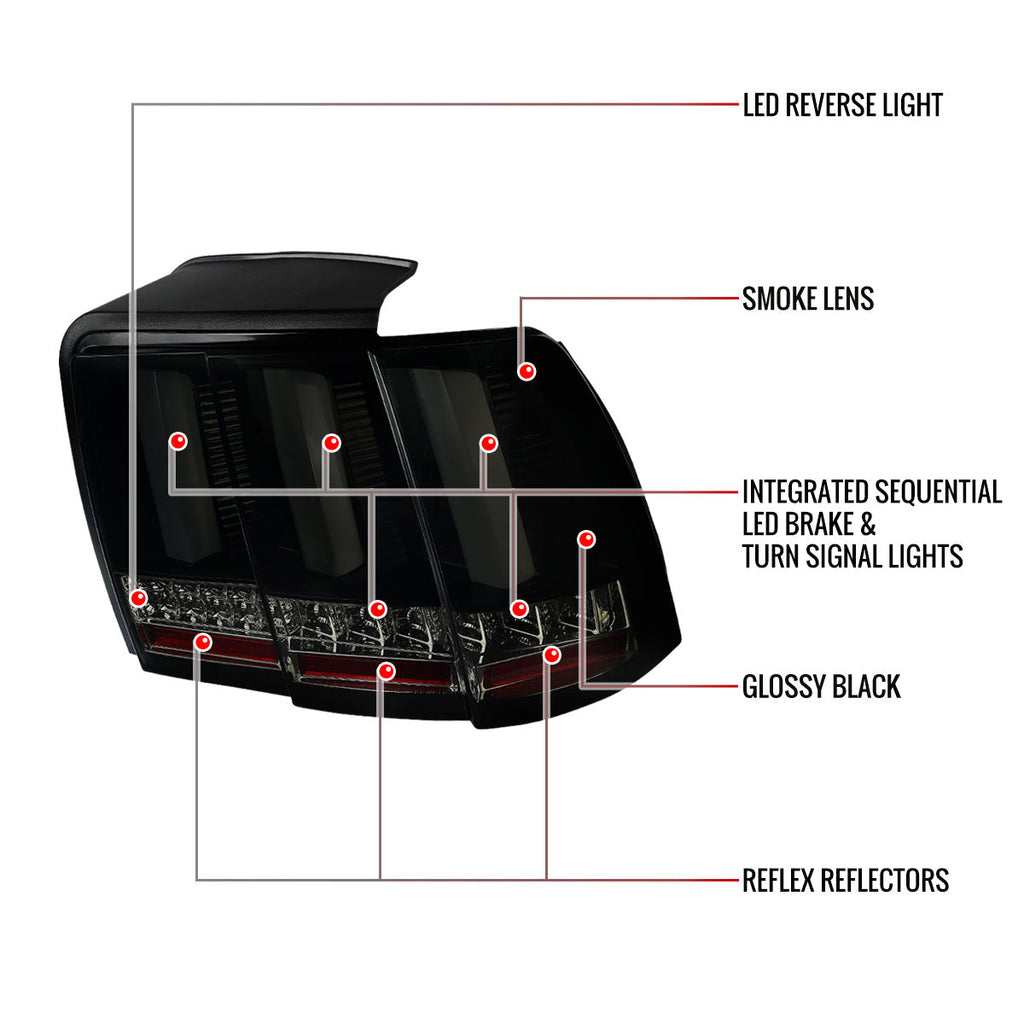 1999-2004 Ford Mustang New Edge Sequential LED Tail Lights (Glossy Black Housing / Smoked Lens)