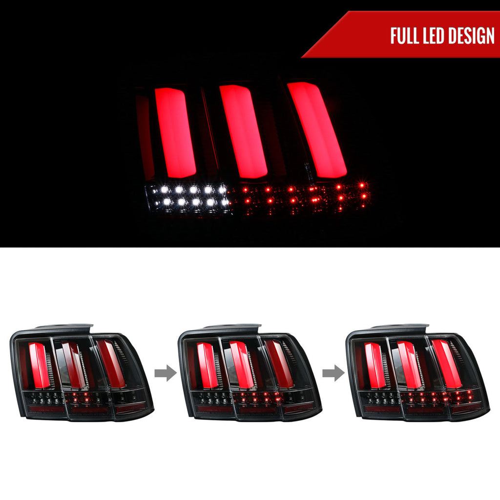 1999-2004 Ford Mustang New Edge Sequential LED Tail Lights (Jet Black Housing / Clear Lens)