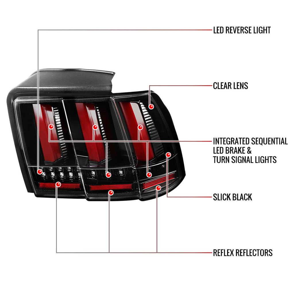 1999-2004 Ford Mustang New Edge Sequential LED Tail Lights (Jet Black Housing / Clear Lens)