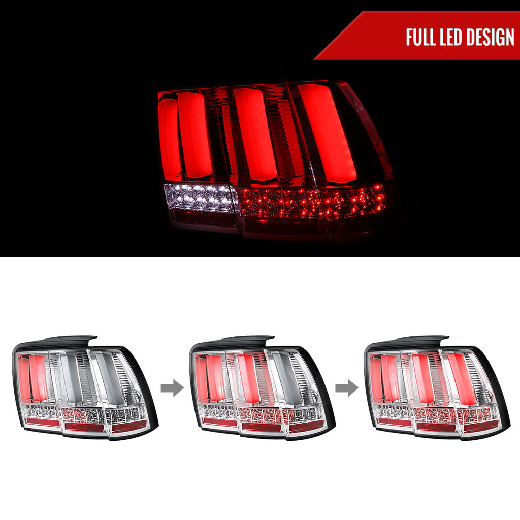 1999-2004 Ford Mustang New Edge Sequential LED Tail Lights (Chrome Housing / Clear Lens)