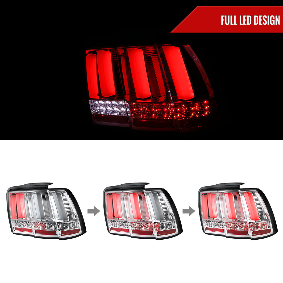 1999-2004 Ford Mustang New Edge Sequential LED Tail Lights (Chrome Housing / Clear Lens)
