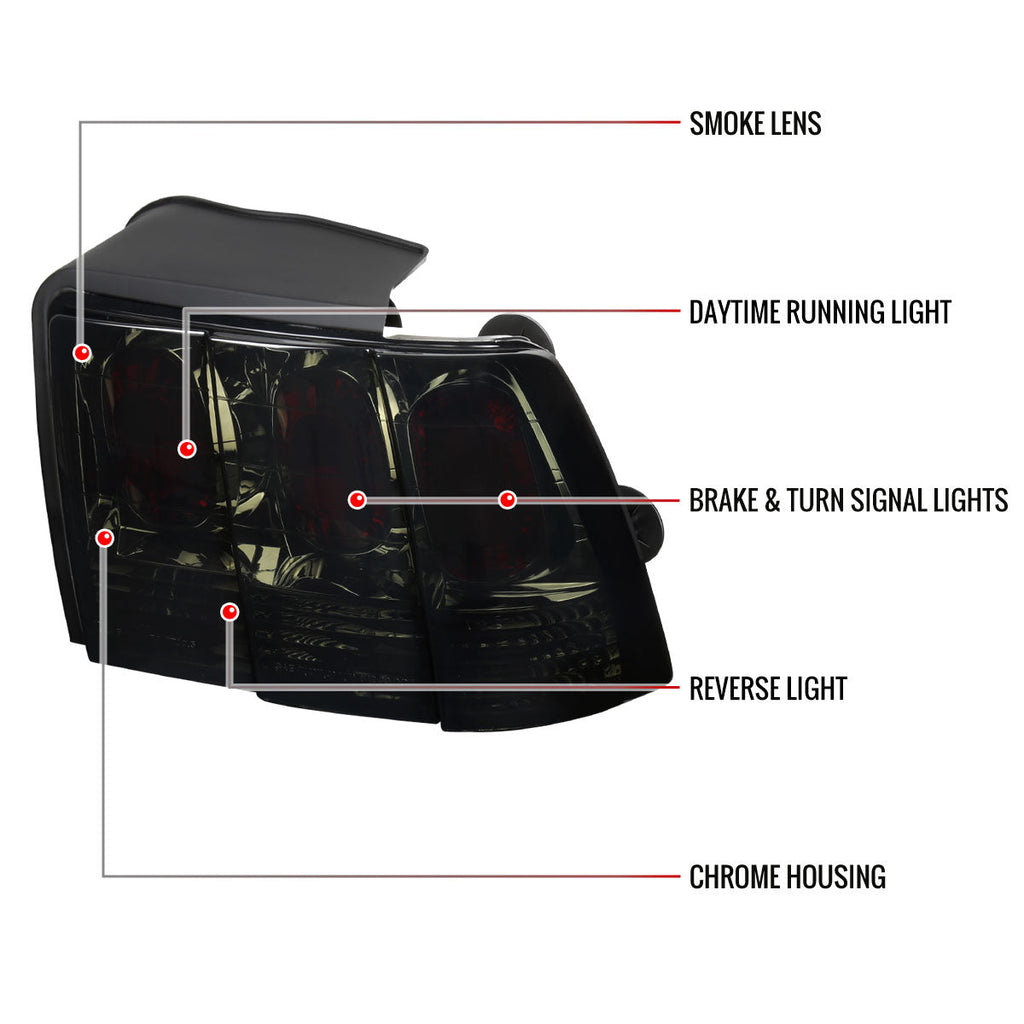 1999-2004 Ford Mustang New Edge Tail Lights (Chrome Housing / Smoked Lens)