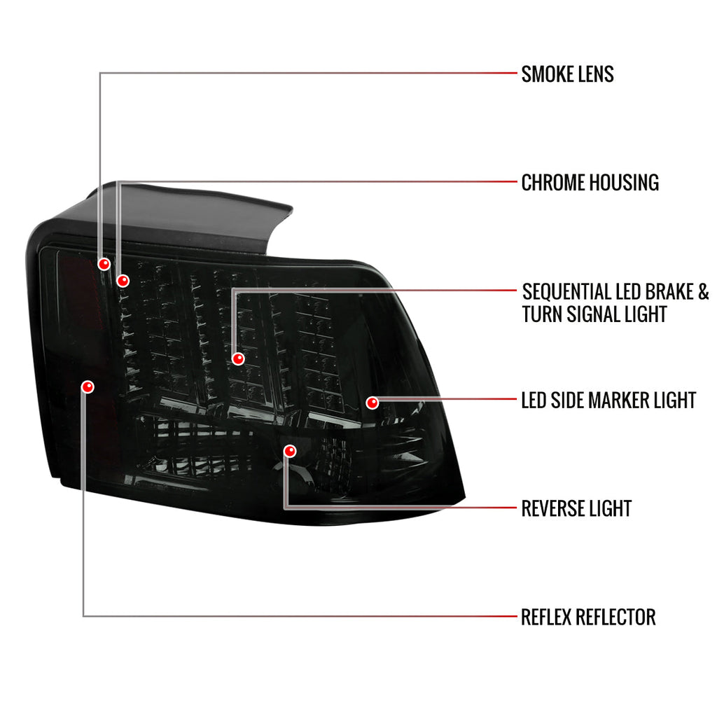 1999-2004 Ford Mustang New Edge Sequential LED Tail Lights - RS (Chrome Housing / Smoked Lens)