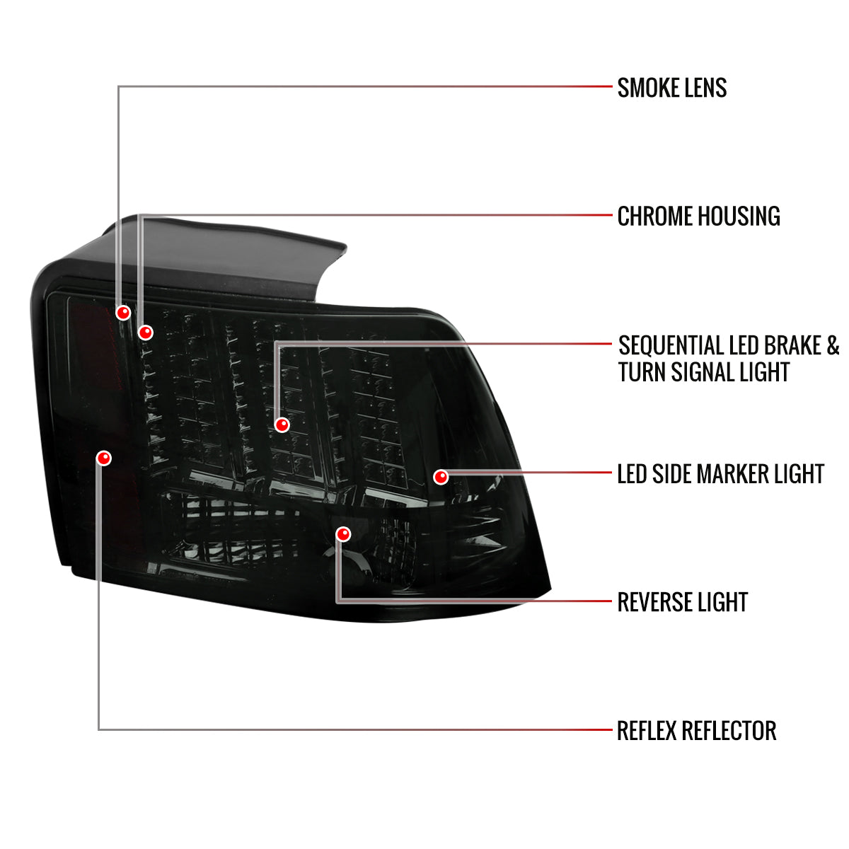 1999-2004 Ford Mustang New Edge Sequential LED Tail Lights - RS (Chrome Housing / Smoked Lens)
