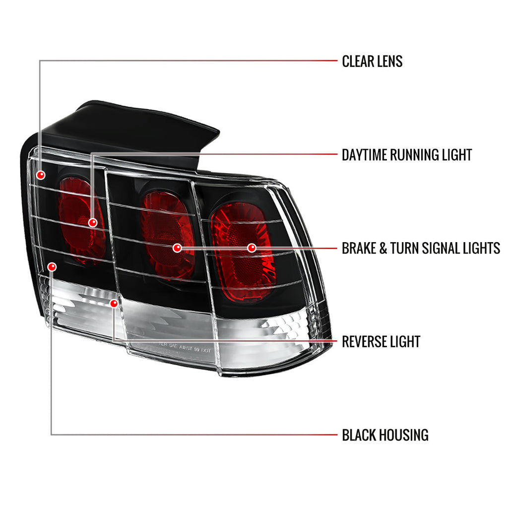1999-2004 Ford Mustang New Edge Tail Lights (Matte Black Housing / Clear Lens)