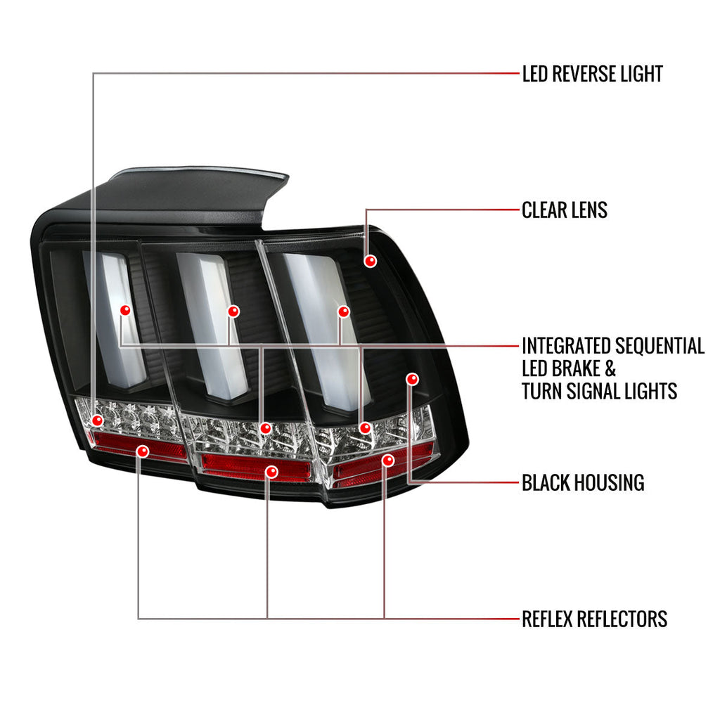 1999-2004 Ford Mustang New Edge Sequential LED Tail Lights (Matte Black Housing / Clear Lens)