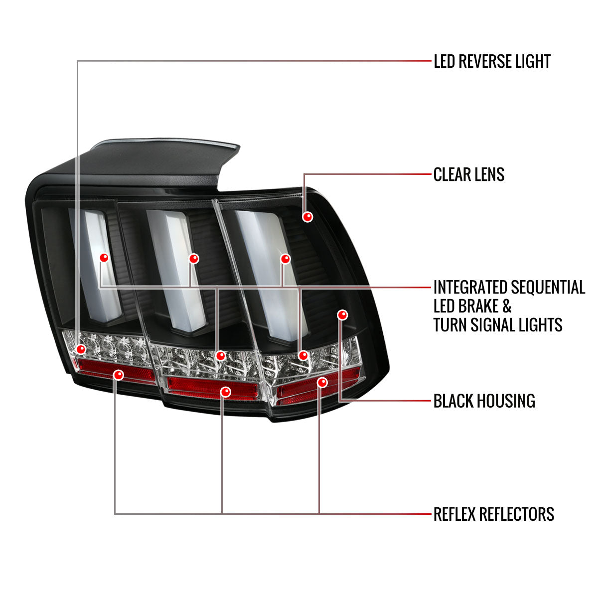 1999-2004 Ford Mustang New Edge Sequential LED Tail Lights (Matte Black Housing / Clear Lens)