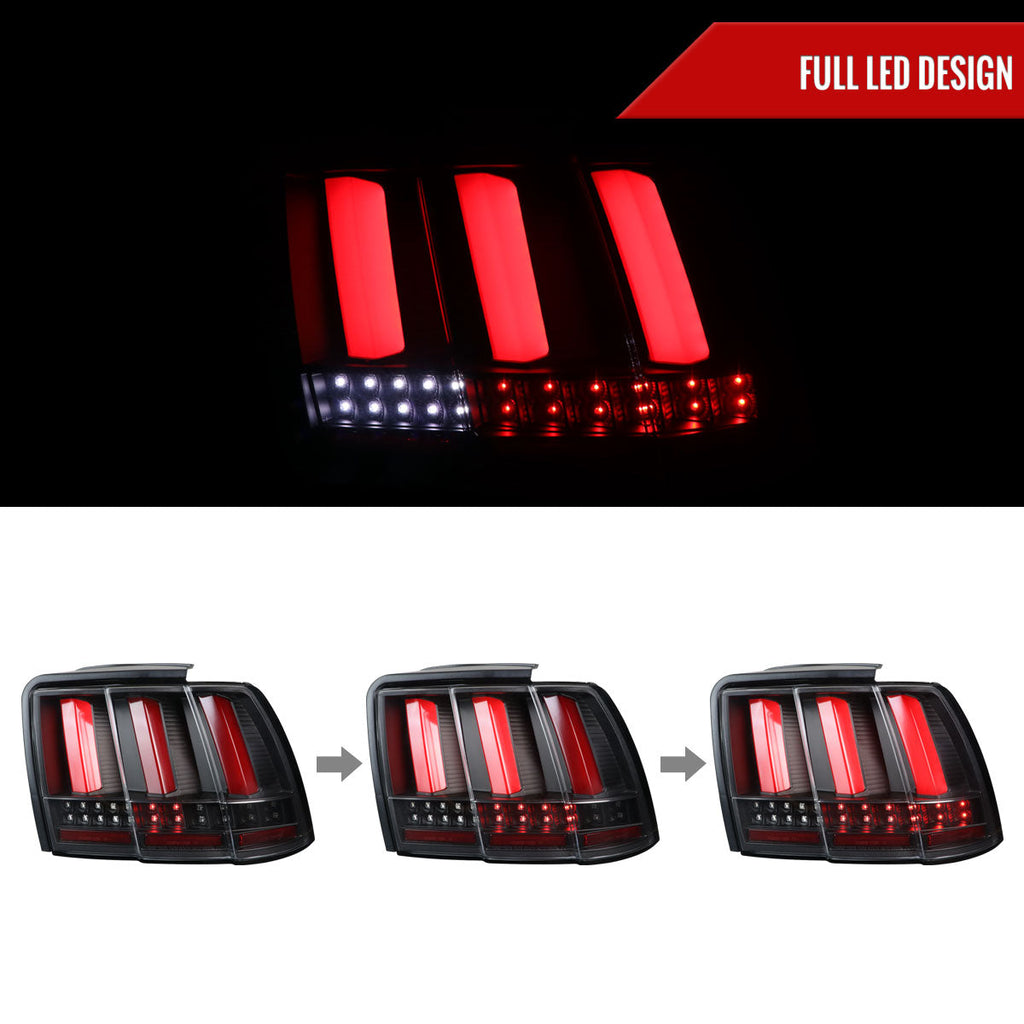 1999-2004 Ford Mustang New Edge Sequential LED Tail Lights (Black Housing / Clear Lens)