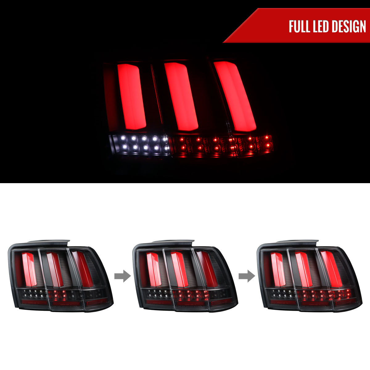 1999-2004 Ford Mustang New Edge Sequential LED Tail Lights (Black Housing / Clear Lens)