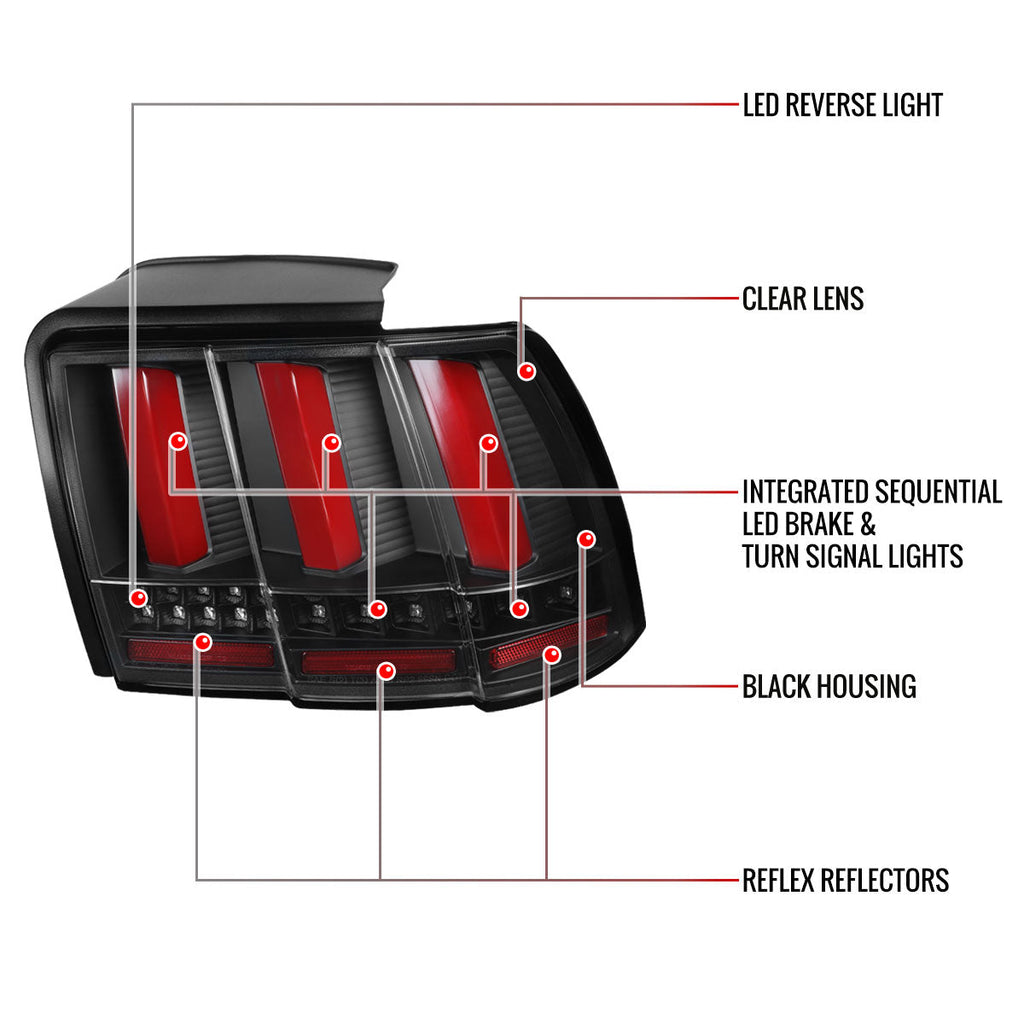 1999-2004 Ford Mustang New Edge Sequential LED Tail Lights (Black Housing / Clear Lens)