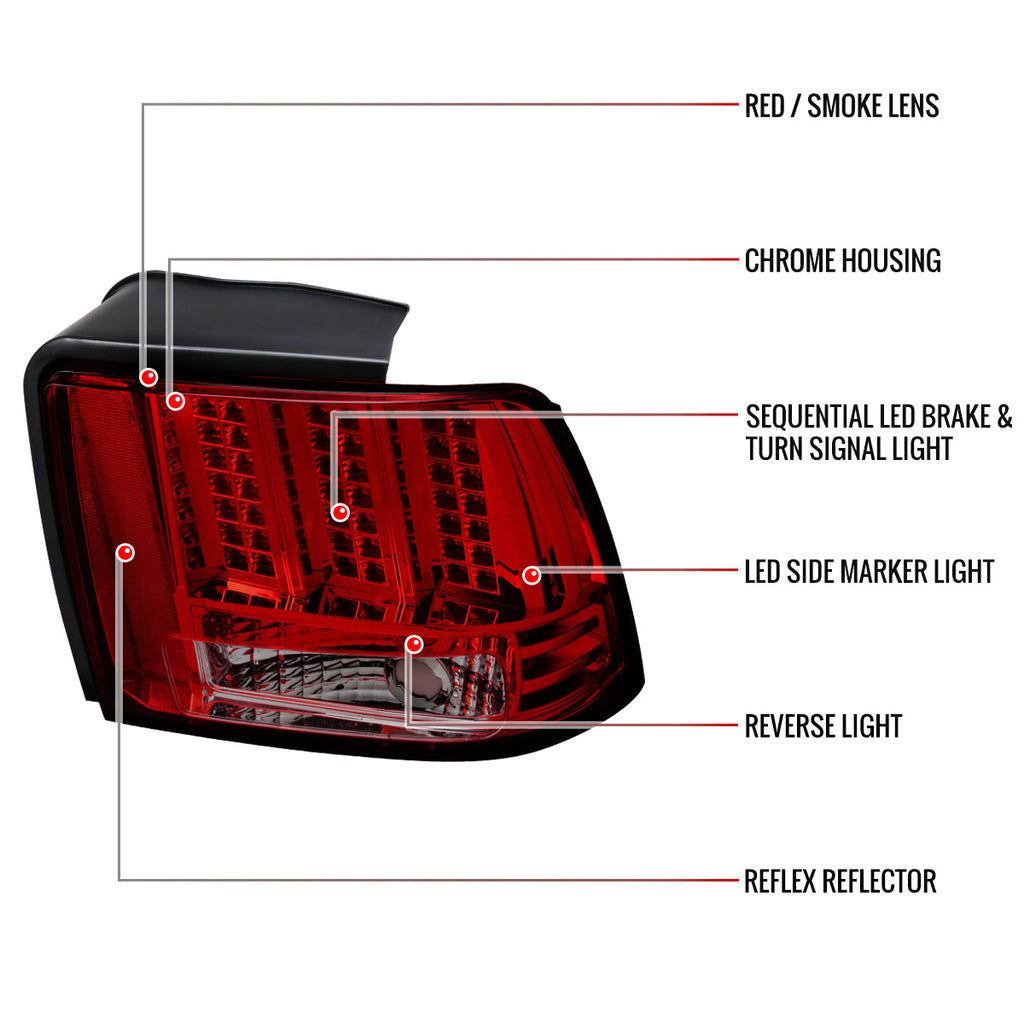 1999-2004 Ford Mustang New Edge Sequential LED Tail Lights - RS (Chrome Housing / Red Smoked Lens)