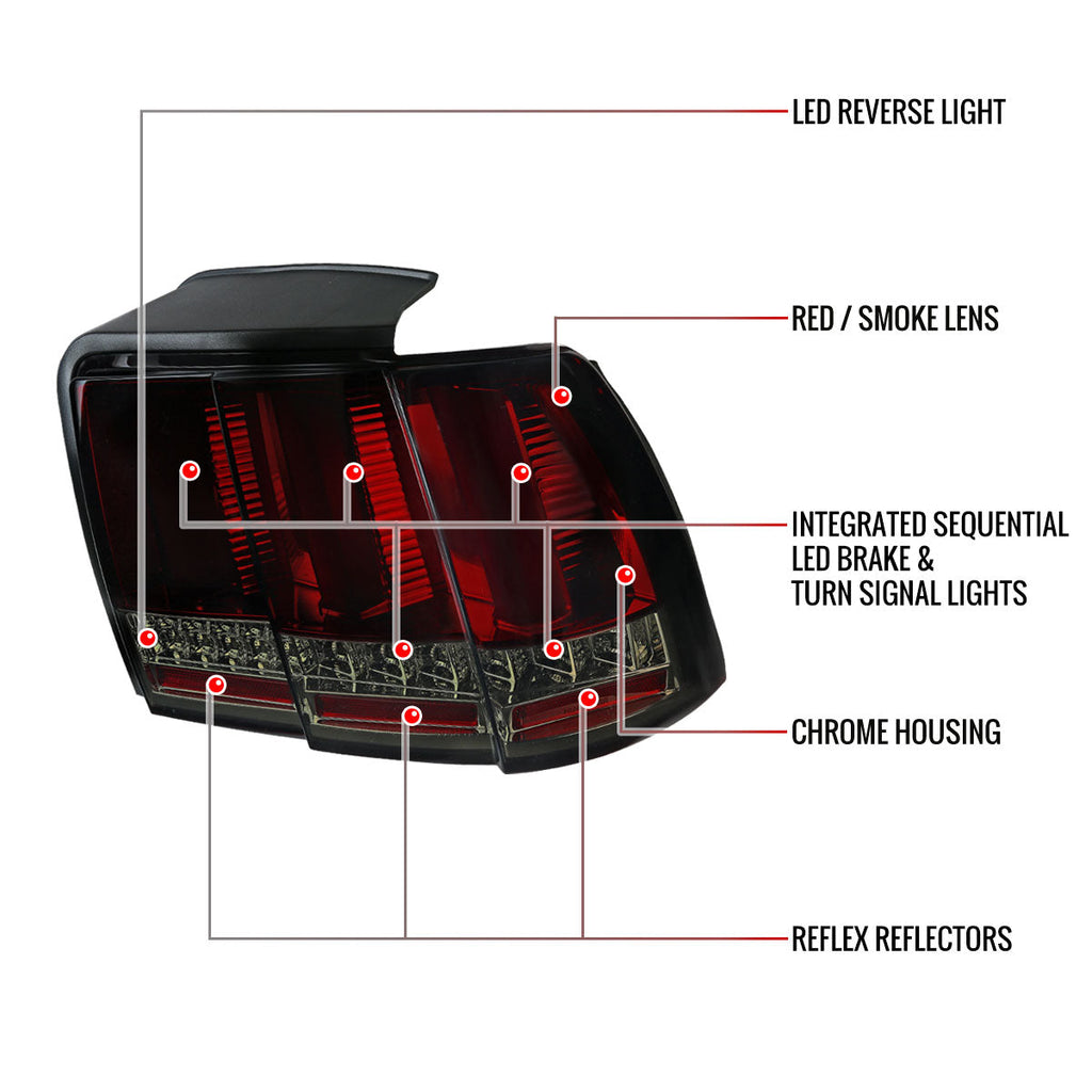 1999-2004 Ford Mustang New Edge Sequential LED Tail Lights (Chrome Housing / Red Smoked Lens)
