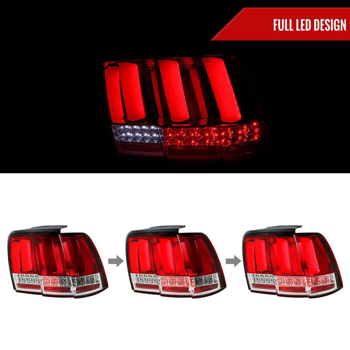 1999-2004 Ford Mustang New Edge Sequential LED Tail Lights (Chrome Housing / Red Lens)
