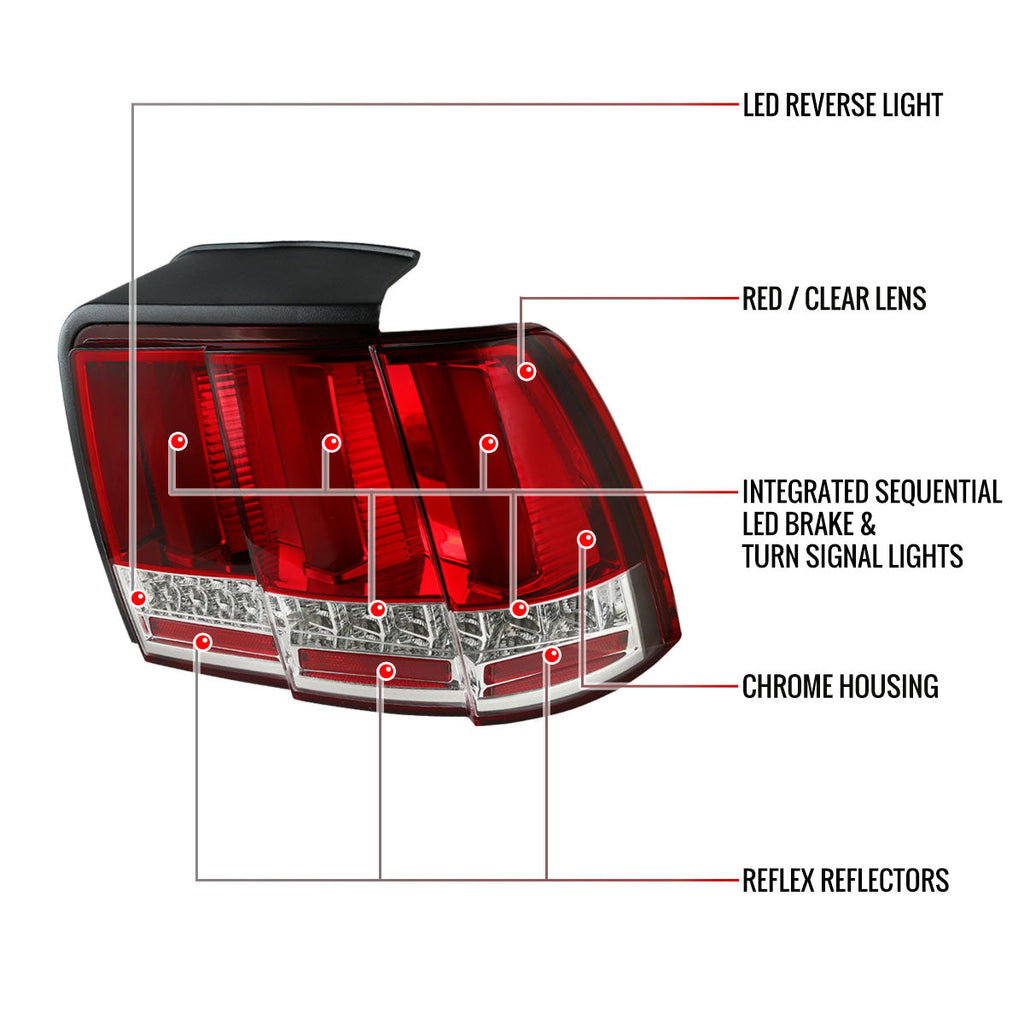 1999-2004 Ford Mustang New Edge Sequential LED Tail Lights (Chrome Housing / Red Lens)